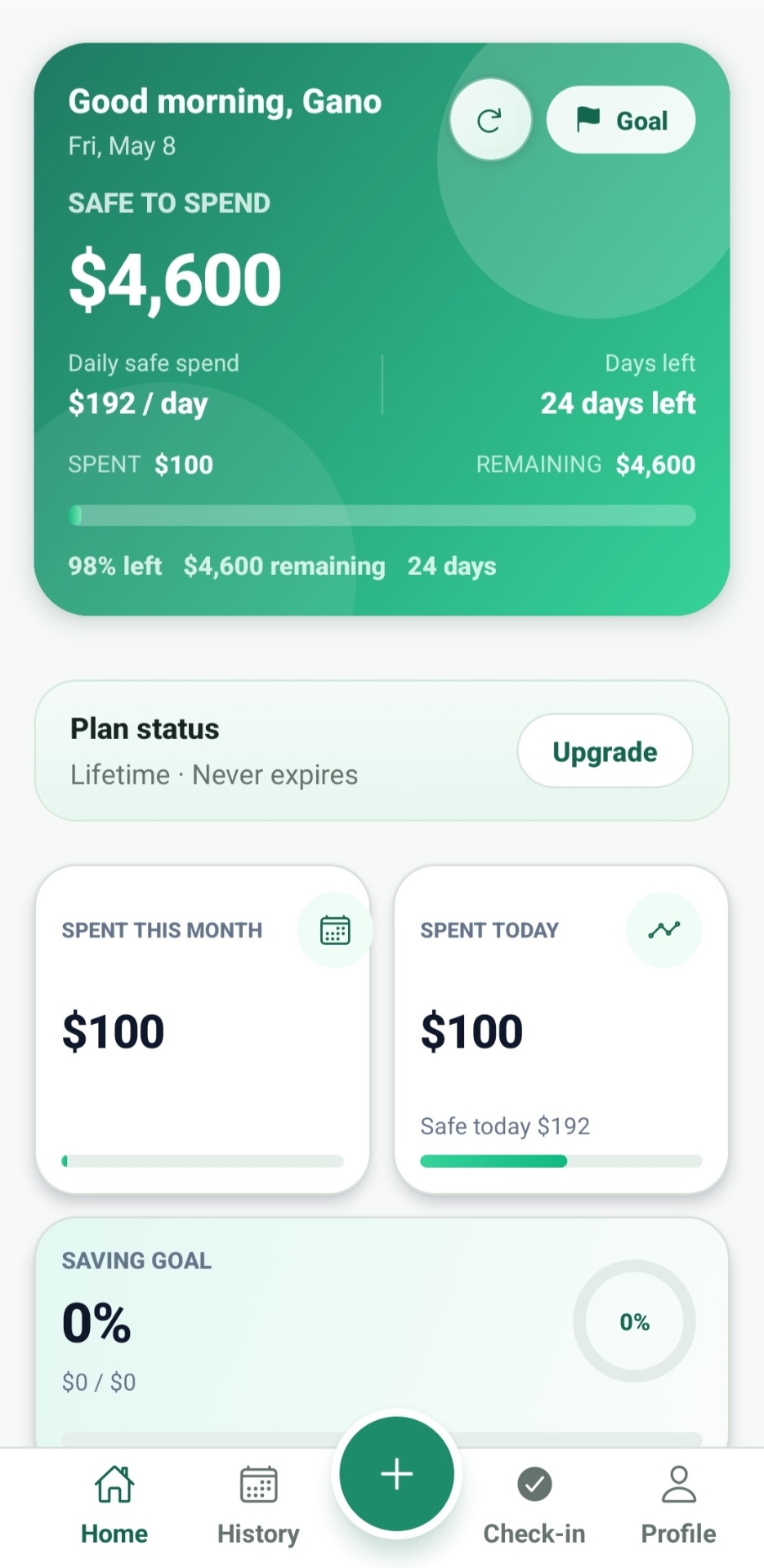 Kynd Savings — Safe-to-Spend home screen